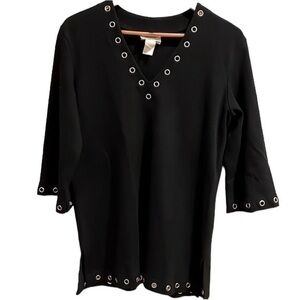 Vintage Neiman Marcus Women Medium Tunic Top‎ Metal Eyelet Hem Black Heavy
